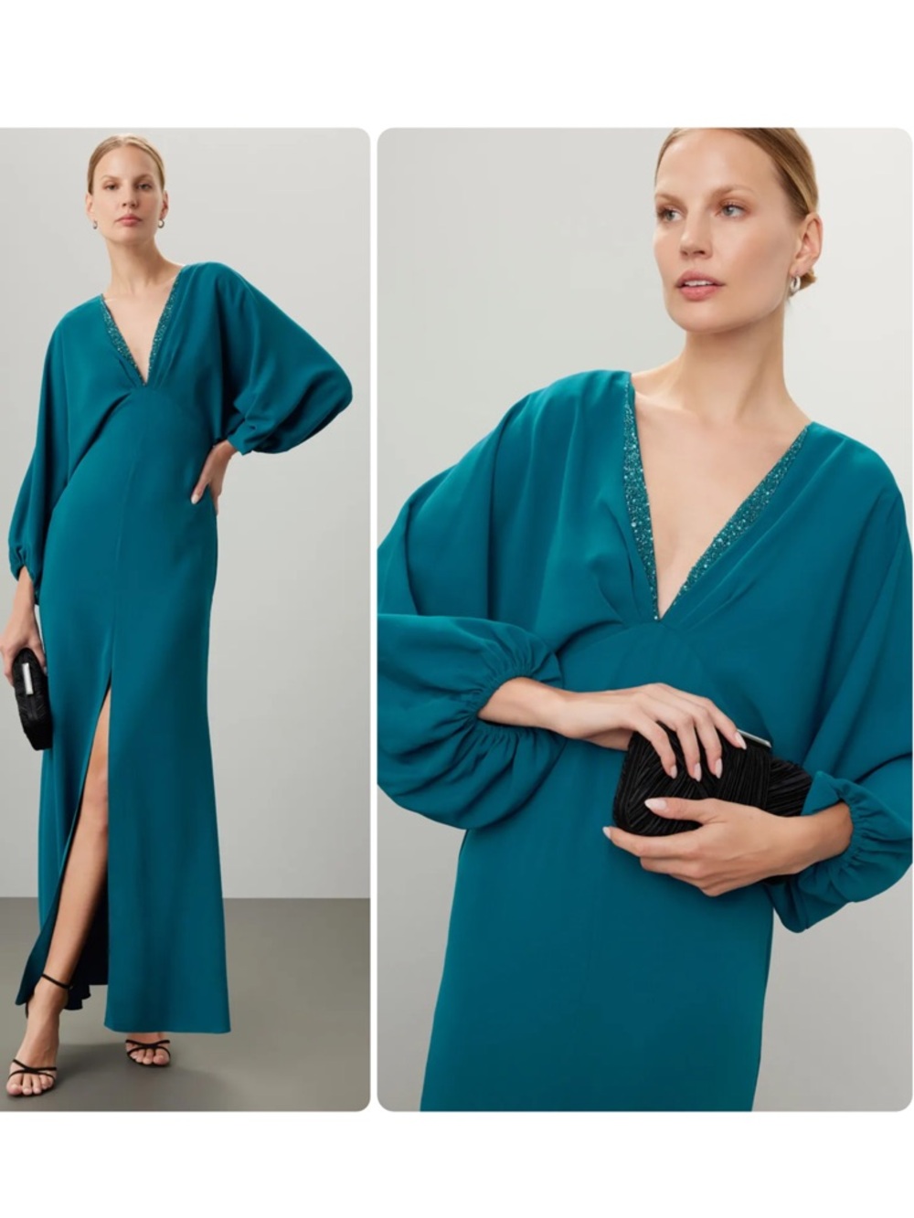 SACHIN & BABI Gabby Teal Plunging V-Neck Beaded Trim Maxi Gown Dress NWT $825